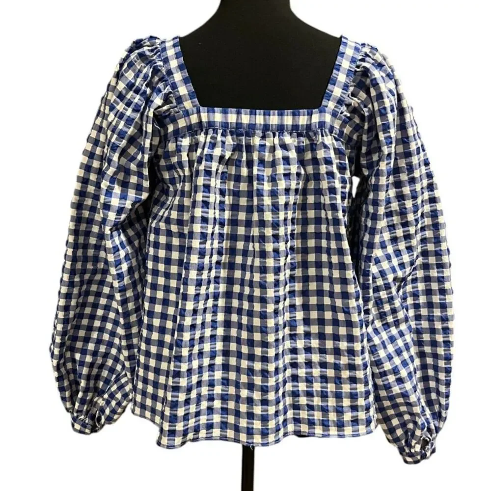 KATE SPADE Blue & White Gingham Square Neck Puff Sleeve Blouse Sz XS